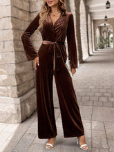 EMERY ROSE Women Lapel Collar Belted Wide Leg Velvet Jumpsuit